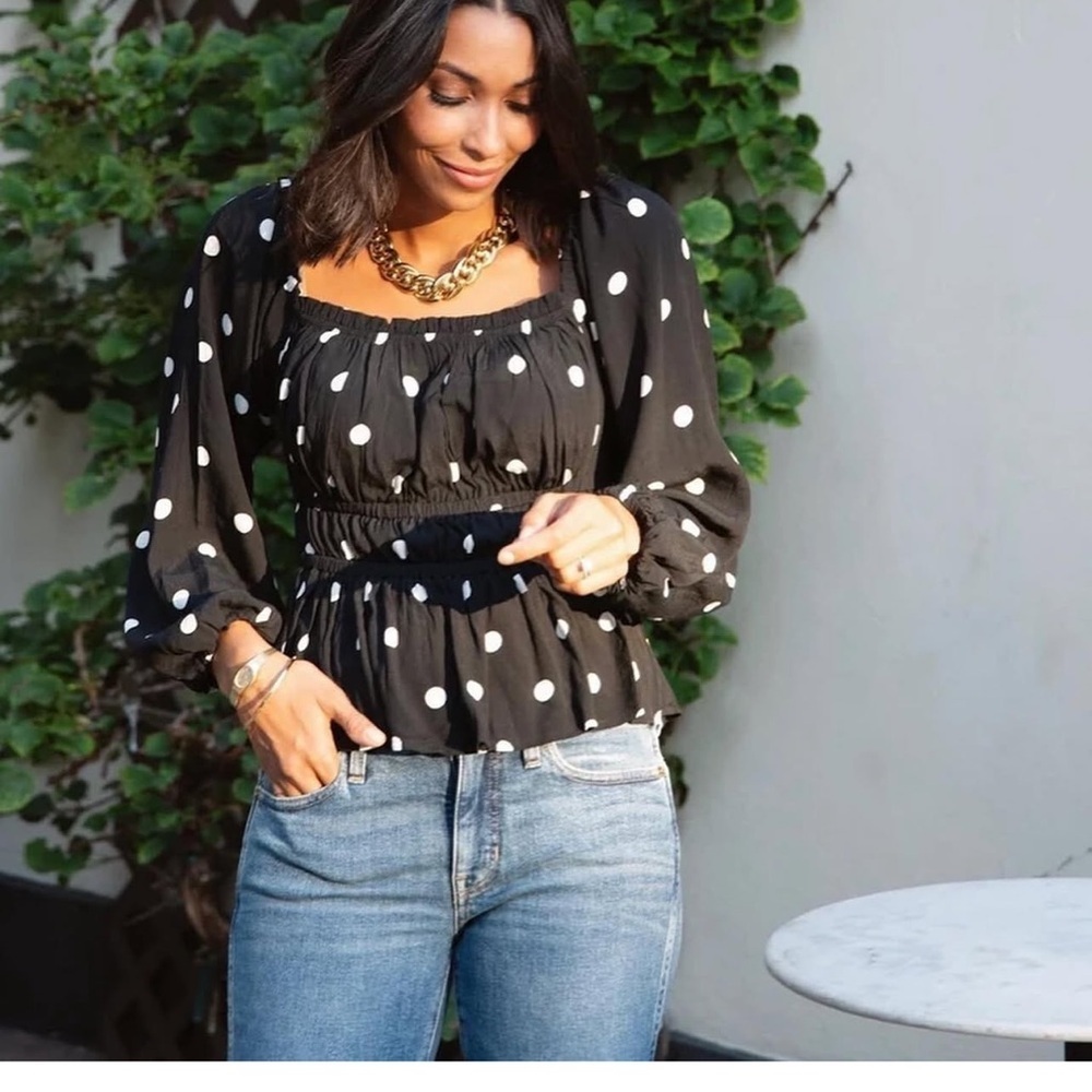 J. Crew Puff Sleeve Drapey Crepe Blouse Top Polka Dot Print Ruffle XS Black